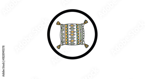 A stylized illustration of a square throw pillow with tassels and a colorful geometric pattern, enclosed in a thick black circle, on a white background.