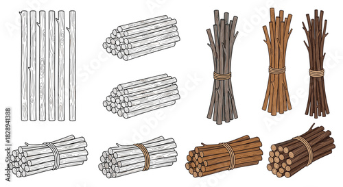 Various illustrations depicting different forms of wood, including individual sticks, stacked logs, and bundles of branches and firewood.