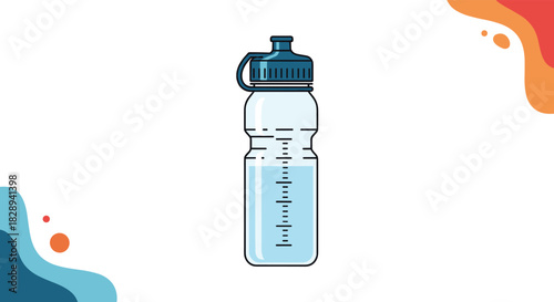 A clear plastic water bottle, featuring a dark blue cap and volume markings, is illustrated holding fresh water, set on a bright background.
