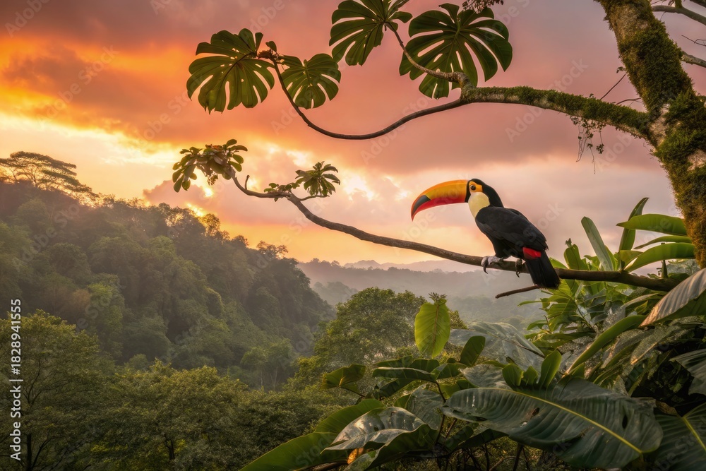 Naklejka premium Colorful Toucan Perched on a Tree Branch During a Vibrant Sunset in the Jungle