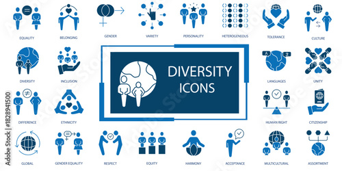 Diversity and Inclusion Vector Icon Set. Teamwork, Unity, and Community Symbols, Business Team and People Icons. Collaboration, Equality, and Workplace Culture, Corporate Diversity Illustration Pack.