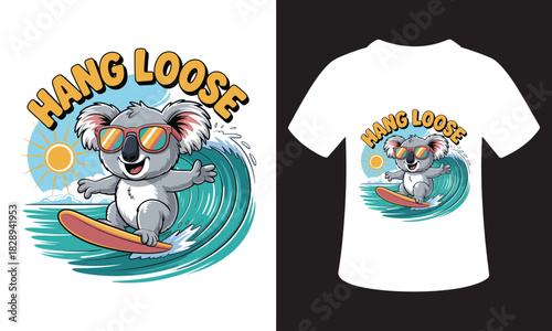 Cool koala surfing a wave with hang loose text