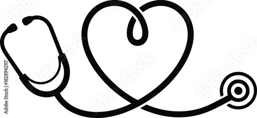 A black outlined stethoscope creates a beautiful heart shape on a clean white background