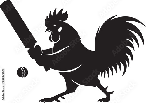 Rooster playing cricket with a bat and ball silhouette