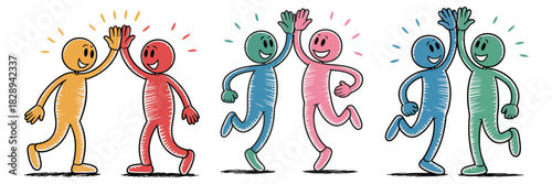 Joyful colorful stick figures celebrating success with enthusiastic high-fives, symbolizing teamwork, achievement, partnership, and positive collaboration.