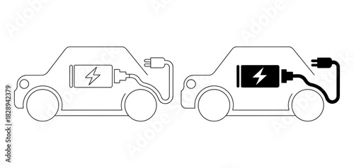 Electric car charging status line icons with battery level indicators and a connected plug, symbolizing eco-friendly transportation and energy.