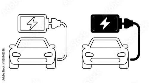 Electric vehicle charging icon set showing a car connected to a battery charger, line art and filled versions, symbolizing sustainable transport
