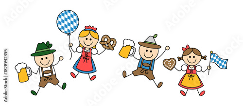 Cheerful hand-drawn stick figures celebrating oktoberfest. a joyful cartoon of bavarian boys and girls in traditional attire with beer and pretzels.