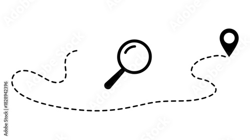 Searching for a destination, discovery, or tracking a path. magnifying glass icon, dotted line route, and map pin location symbol.