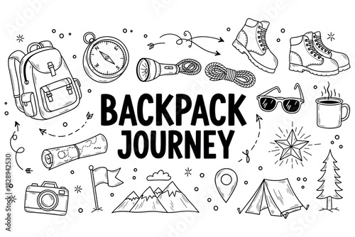 Backpack journey: adventure icons with mountains, compass, and camping gear illustration