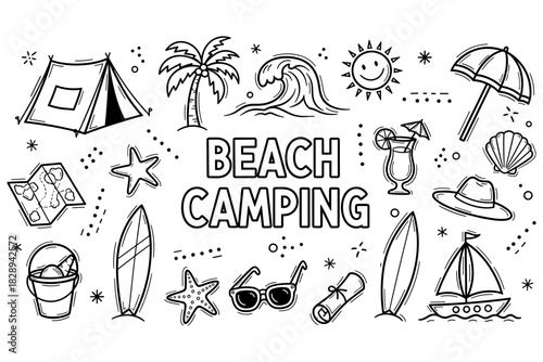 Beach camping: summer, adventure, surfing, sunbathing, tropical vacation activities