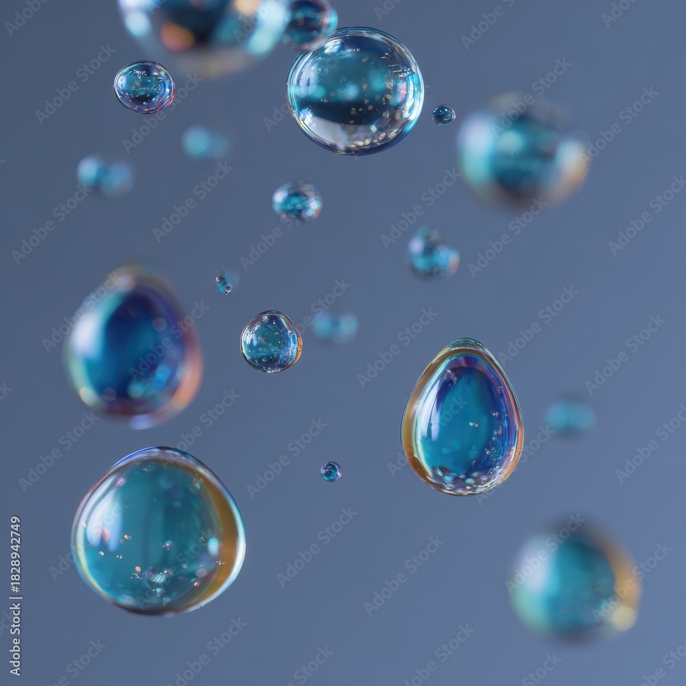 Naklejka premium Luminous Aqua Orbs - A Serene Macro Dance of Suspended Water Droplets.