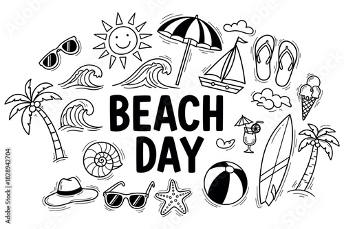 Beach day doodle: fun summer icons featuring waves, sun, and palm trees