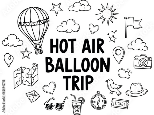 Doodle adventure: hot air balloon trip with travel icons and symbols