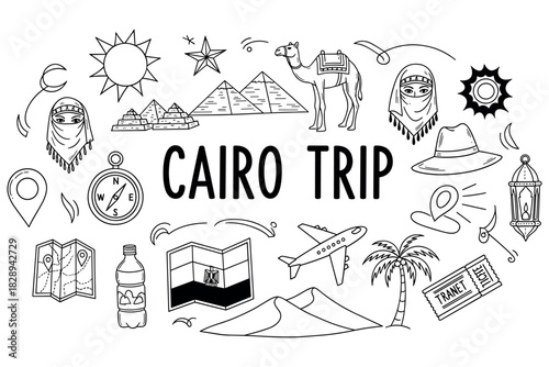 Cairo trip: iconic landmarks, culture symbols, and travel elements illustrated