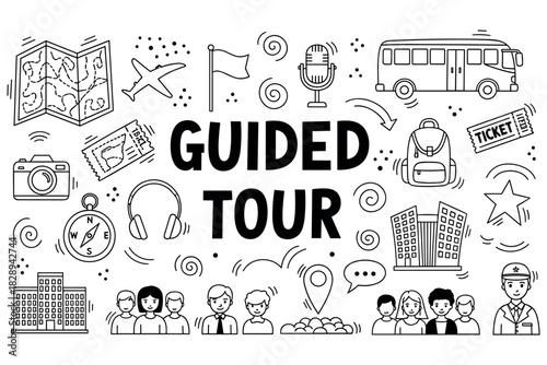 Guided tour illustration with travel icons including map, camera, and bus