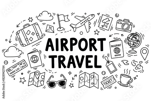 Doodle illustration of airport travel elements: airplane, passport, luggage, maps, tickets, camera