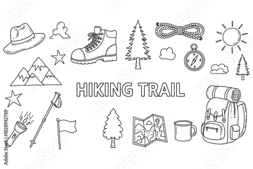Outdoor hiking adventure elements: gear, nature, trail symbols illustrated in black and white
