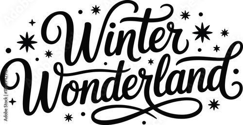A captivating black script font spells out Winter Wonderland adorned with scattered stars and dots