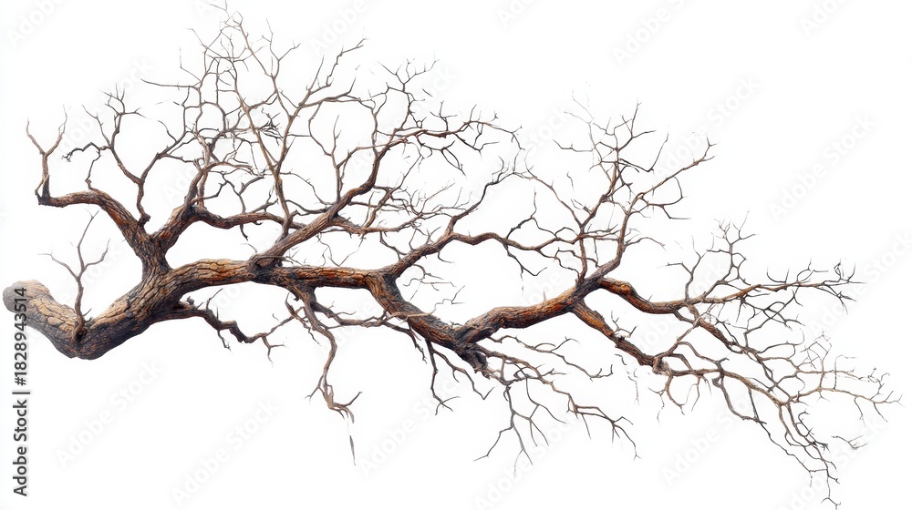 Fototapeta premium A dry branch stretches across the scene showcasing its slender twigs and natural curves. The intricate patterns of the bark enhance its rustic beauty emphasizing the simplicity of nature.