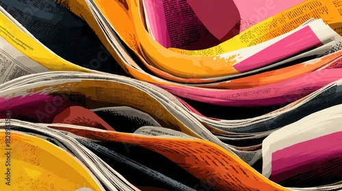 Magazines with vivid colors and textures are arranged in a flowing pattern creating an artistic showcase of print media design. The vibrant pages blend together beautifully.
