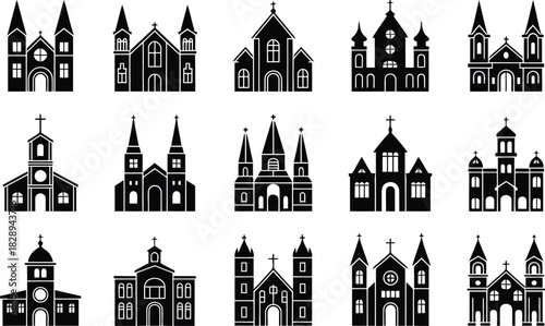 A collection of black silhouette church icons with different architectural styles on a white background