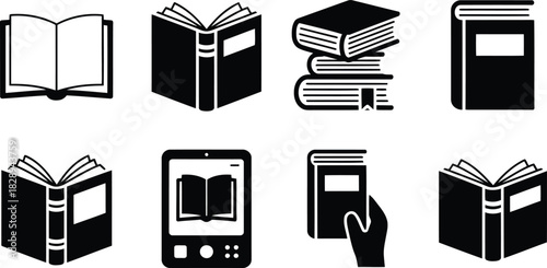 A collection of black silhouette icons representing books and digital e reading devices