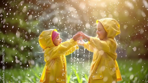 girl in yellow raincoat playing with water droplets in the sunlight.