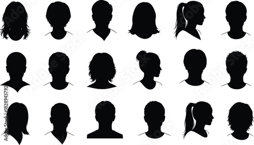 Silhouettes of diverse head shapes and hairstyles, showcasing a range of individual characteristics and styles, isolated on