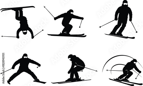A dynamic collection of skier silhouettes showcasing various poses and actions, isolated on, capturing the essence of winter sports and athleticismski, skier, silhouette, winter, sport, action, pose, 