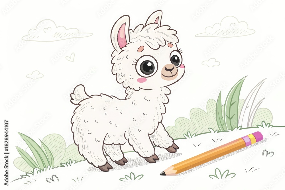 Naklejka premium Cute Cartoon Llama Standing Beside a Pencil in a Grassy Field