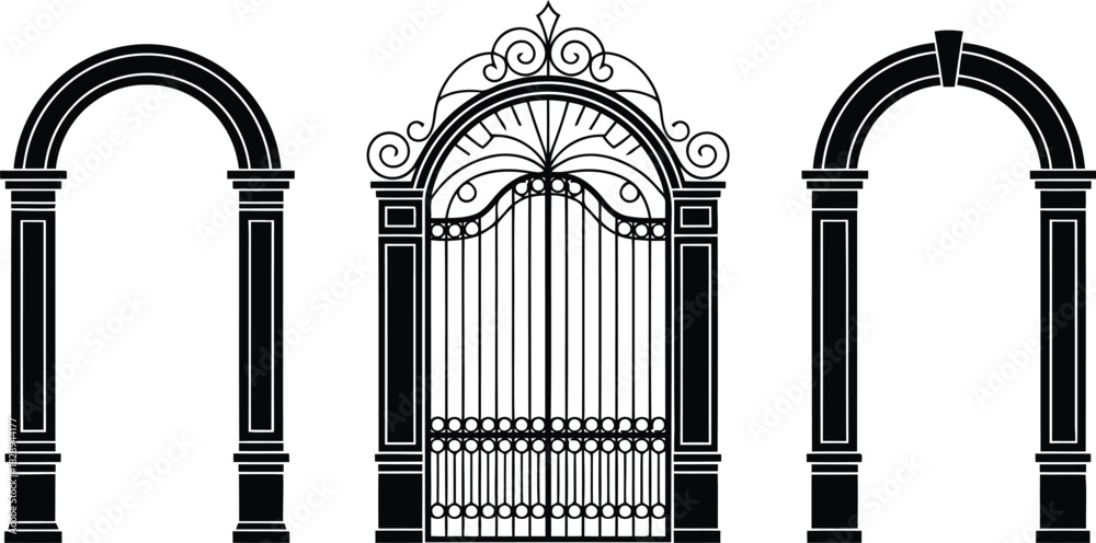 Fototapeta premium A collection of decorative ornate wrought iron gates and classical stone archway silhouettes on white