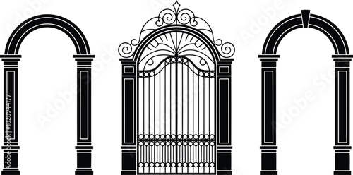 A collection of decorative ornate wrought iron gates and classical stone archway silhouettes on white