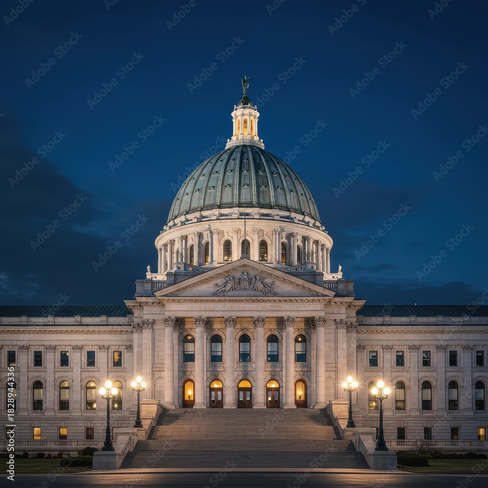 Obraz premium Majestic legislative structure featuring a grand dome, captured across contrasting periods of bright daylight and atmospheric nighttime illumination ,government, state, shadow