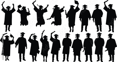 Silhouette of graduating students in gowns and caps celebrating their academic achievement, isolated on a symbol of success and new beginnings