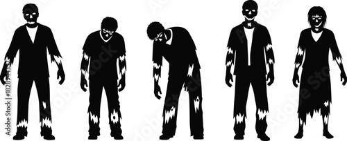 Silhouette of a zombie group walking slowly isolated on creepy undead monster with torn clothes and scary face halloween concept