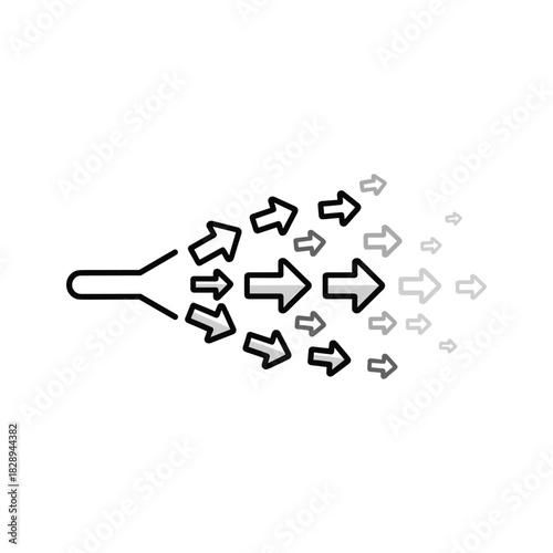 Arrows entering a funnel and spreading out, illustrating distribution, expansion, or growth, isolated on white