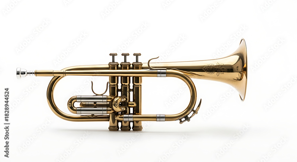 Obraz premium A gleaming cornet resting on a pristine white surface displaying its intricate details and polished finish ai generated