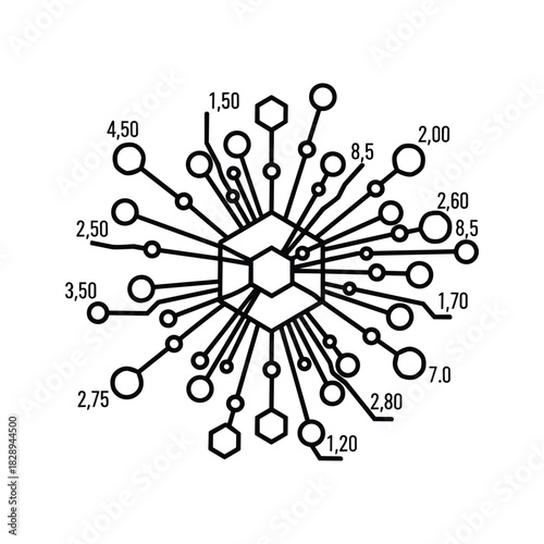 Abstract technical diagram with a central hexagon, radiating lines, connected nodes, and numerical values