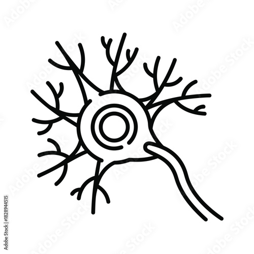 Simple line drawing of a neuron cell, representing the basic unit of the nervous system and brain