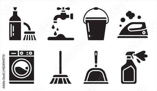 Black cleaning icon collection for hygiene, chores, maintenance, and housekeeping graphics
