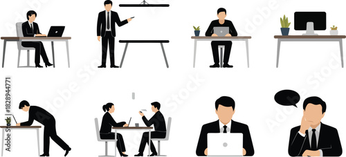 A collection of eight simple flat illustrations depicting diverse business professionals working in an office setting