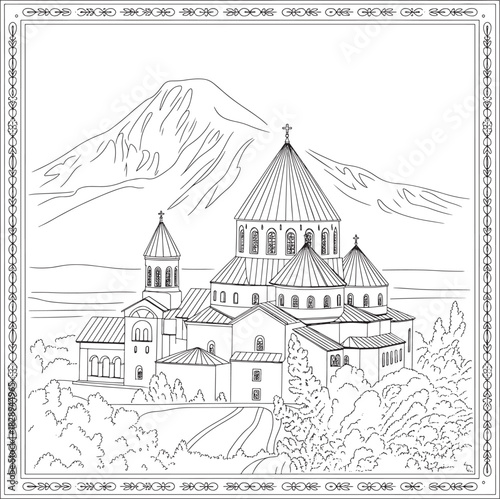 Ancient armenian monastery with mount ararat in line art