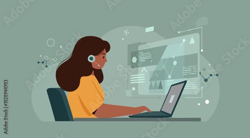 Female customer support agent working on laptop with headset and digital background.