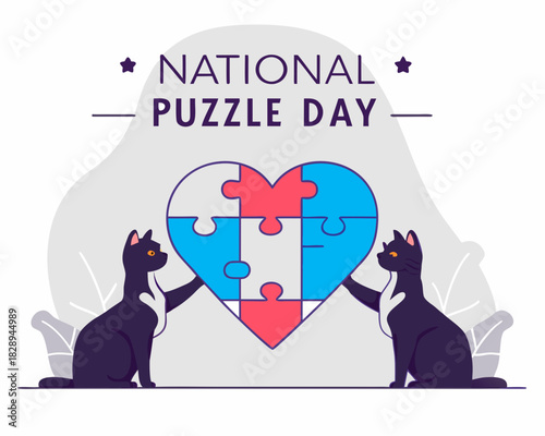 Celebrating National Puzzle Day with Cats and a Heart Shaped Jigsaw Puzzle Illustration Design Two black cats