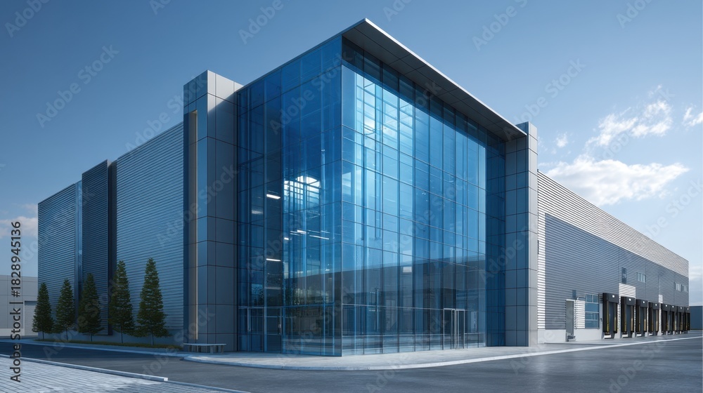 Fototapeta premium A sleek modern commercial building showcases a large glass facade under a clear blue sky.