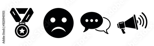 Medal triumph, sadness, conversation, and announcement icons - black and white symbols