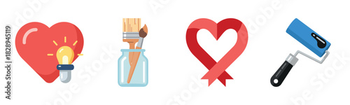 Creative art tools and heart designs with conceptual icons