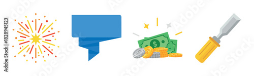 Colorful icons: fireworks, speech bubble, money, screwdriver