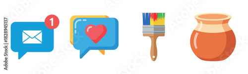 Colorful icons: email notification, heart message, paintbrush, ceramic pot